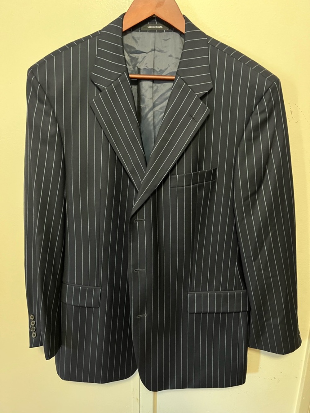 Men's Black Pinstripe Three Button Suit Jacket